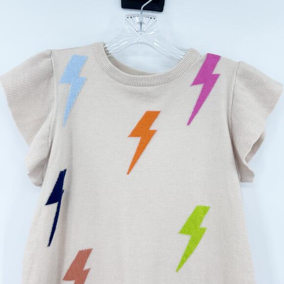 THML Lightning Bolt Flutter Sleeve Knit Sweater Top Beige Multicolor Womens XS - Picture 4 of 12
